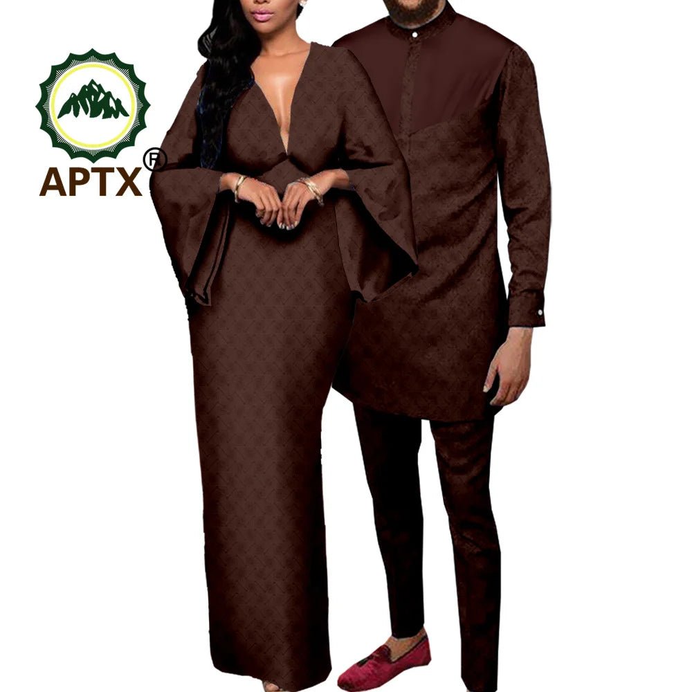 Dashiki African Couple Clothing – Sexy V - Neck Women’s Prom Dress with Matching Men’s Shirt & Pants Set - Free Delivery Worldwide only at Flexi Africa