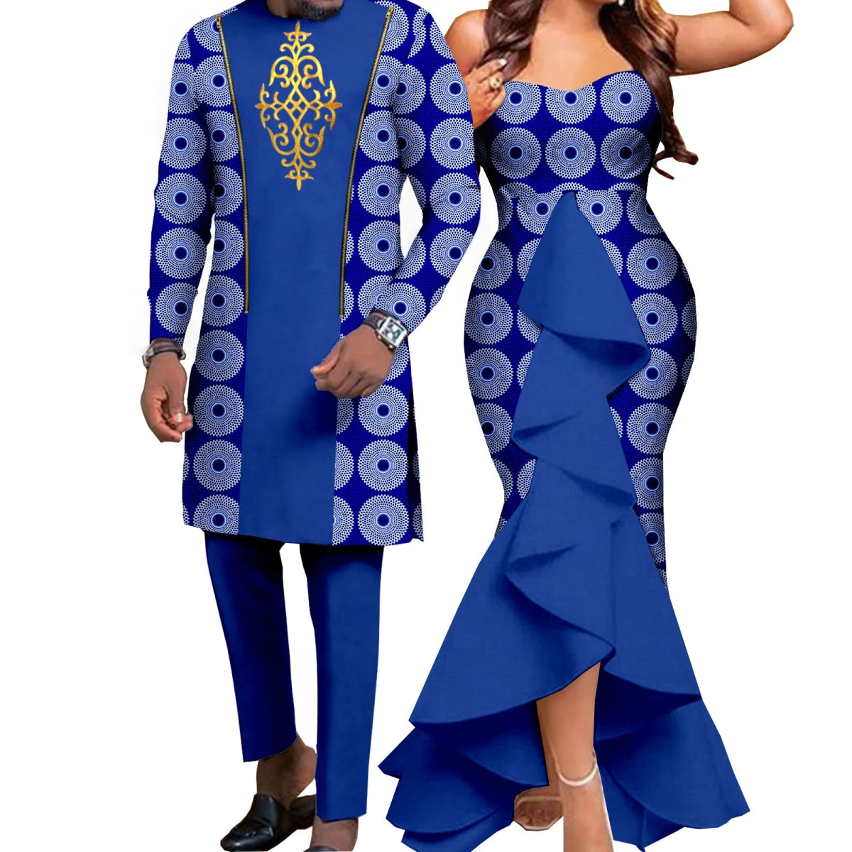 Dashiki African Couple Wedding Set – Women’s Mermaid Dress & Matching Men’s Bazin Riche Shirt and Pants - Free Delivery