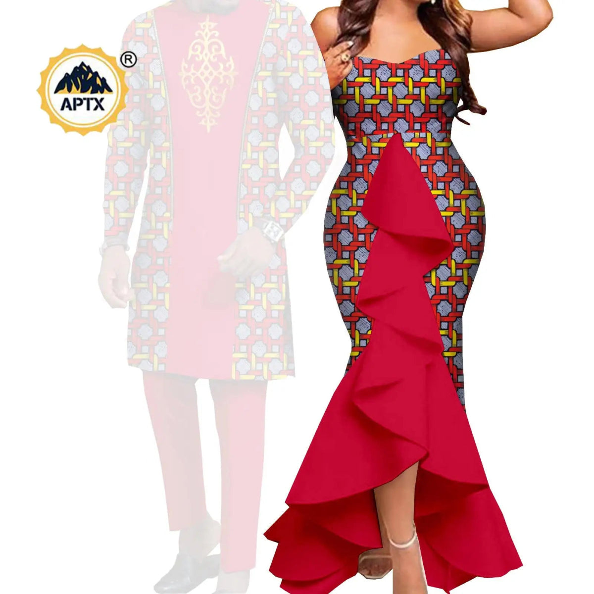 Dashiki African Couple Wedding Set – Women’s Mermaid Dress & Matching Men’s Bazin Riche Shirt and Pants - Free Delivery Worldwide only at Flexi Africa