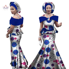 Dashiki Bazin Print Women's Set: Strap Top and Long Skirt with Headtie - Complete African Outfit Ensemble - Flexi Africa