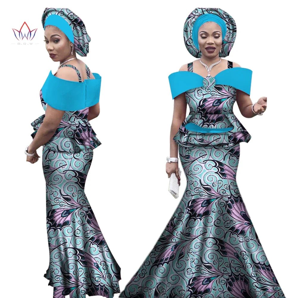 Dashiki Bazin Print Women's Set: Strap Top and Long Skirt with Headtie - Complete African Outfit Ensemble - Flexi Africa