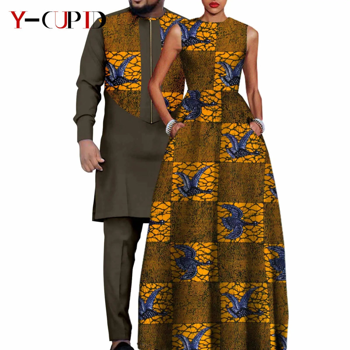 Dashiki Couple Outfit Set – Women’s African Dress with Men’s Bazin Riche Top and Pants for Special Occasions - Free Delivery Worldwide only at Flexi Africa