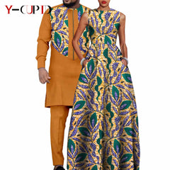 Dashiki Couple Outfit Set – Women’s African Dress with Men’s Bazin Riche Top and Pants for Special Occasions - Free Delivery Worldwide only at Flexi Africa