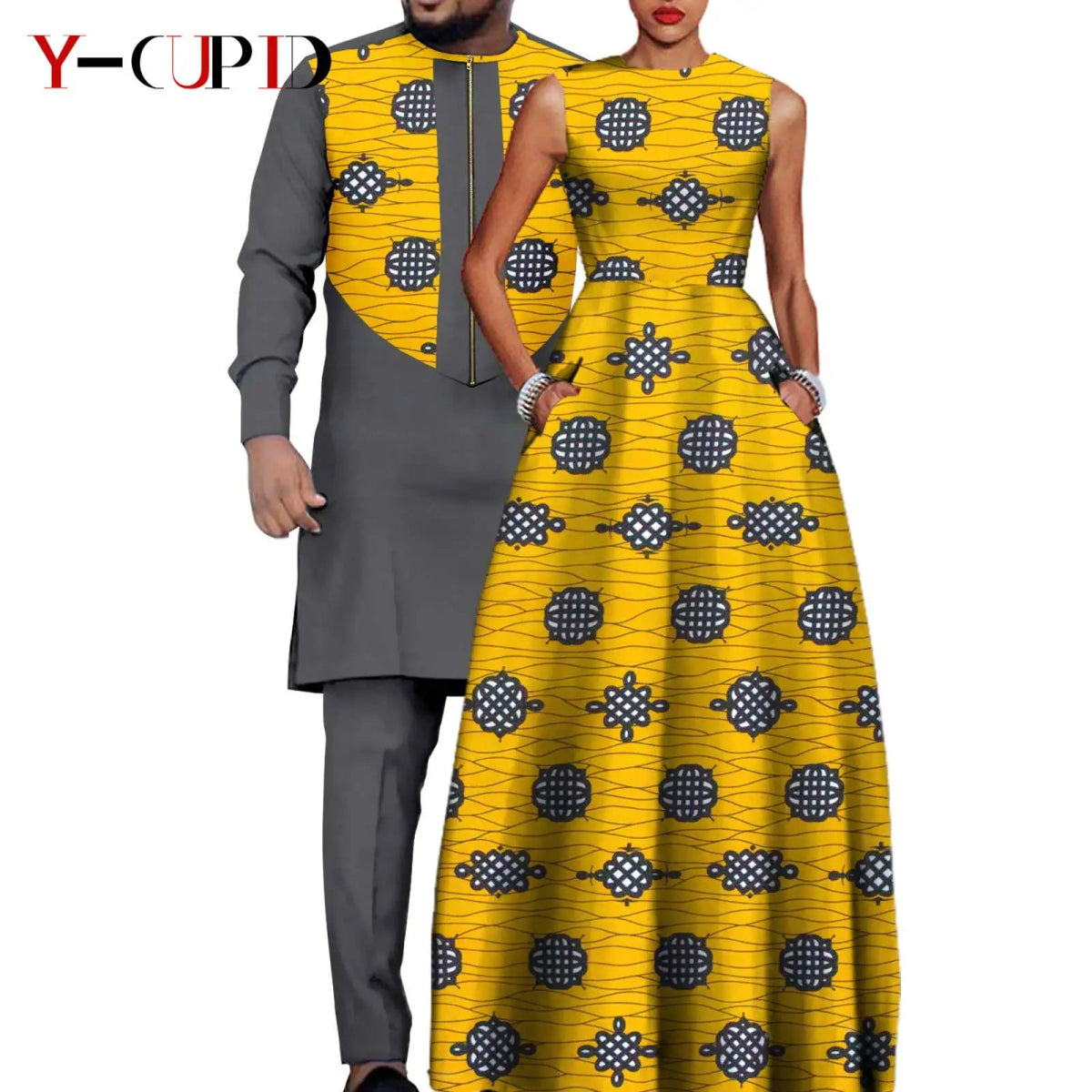 Dashiki Couple Outfit Set – Women’s African Dress with Men’s Bazin Riche Top and Pants for Special Occasions - Free Delivery Worldwide only at Flexi Africa
