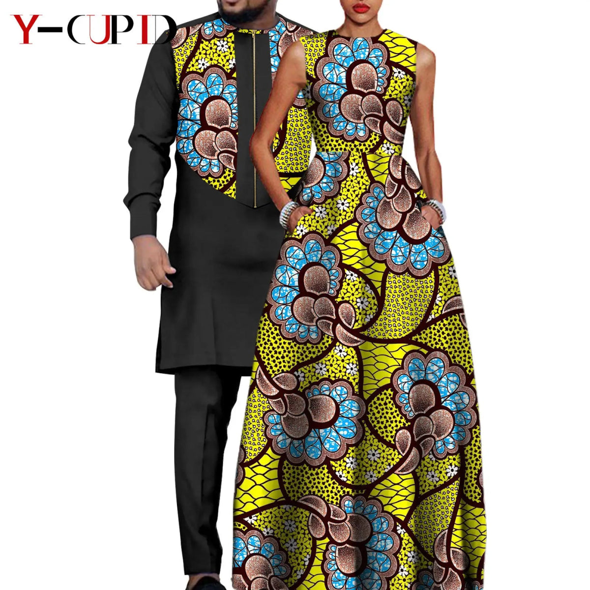 Dashiki Couple Outfit Set – Women’s African Dress with Men’s Bazin Riche Top and Pants for Special Occasions - Free Delivery Worldwide only at Flexi Africa