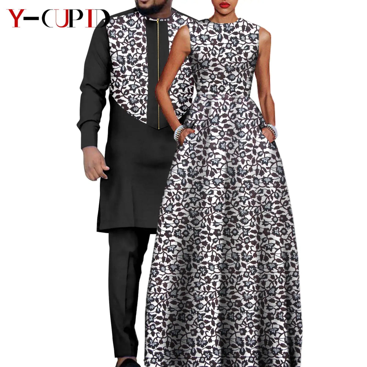 Dashiki Couple Outfit Set – Women’s African Dress with Men’s Bazin Riche Top and Pants for Special Occasions - Free Delivery Worldwide only at Flexi Africa