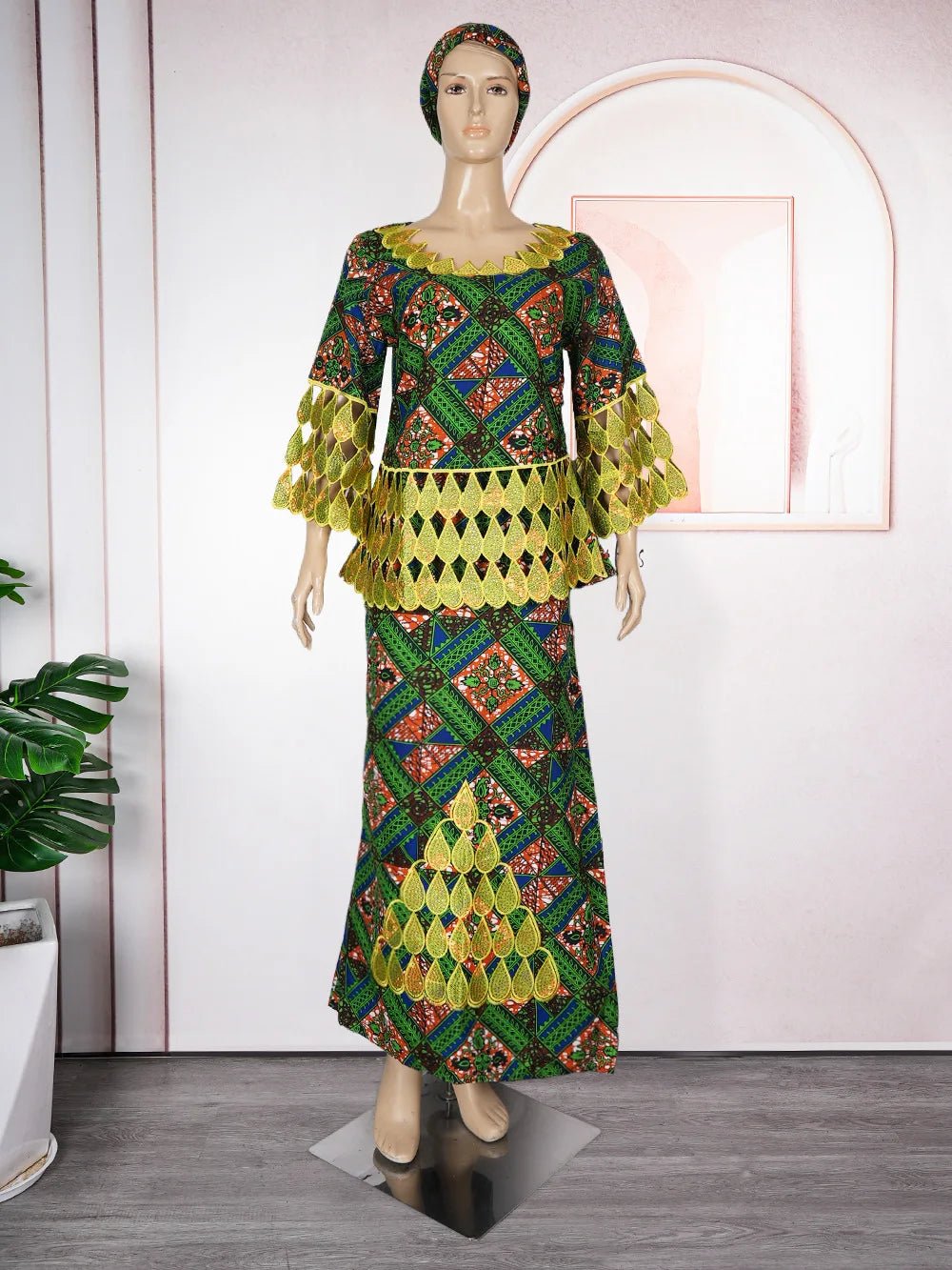 Dashiki Embroidery Plus Size Matching Sets: African Clothes for Women - Wedding Party Evenings, Complete with Headscar - Flexi Africa - Free Delivery Worldwide only at www.flexiafrica.com