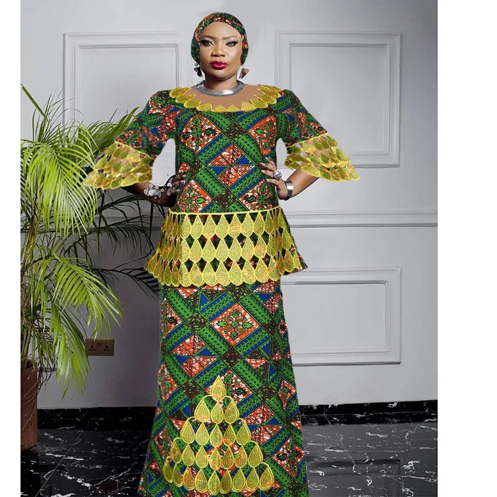 Dashiki Embroidery Plus Size Matching Sets: African Clothes for Women - Wedding Party Evenings, Complete with Headscar - Flexi Africa - Free Delivery Worldwide only at www.flexiafrica.com
