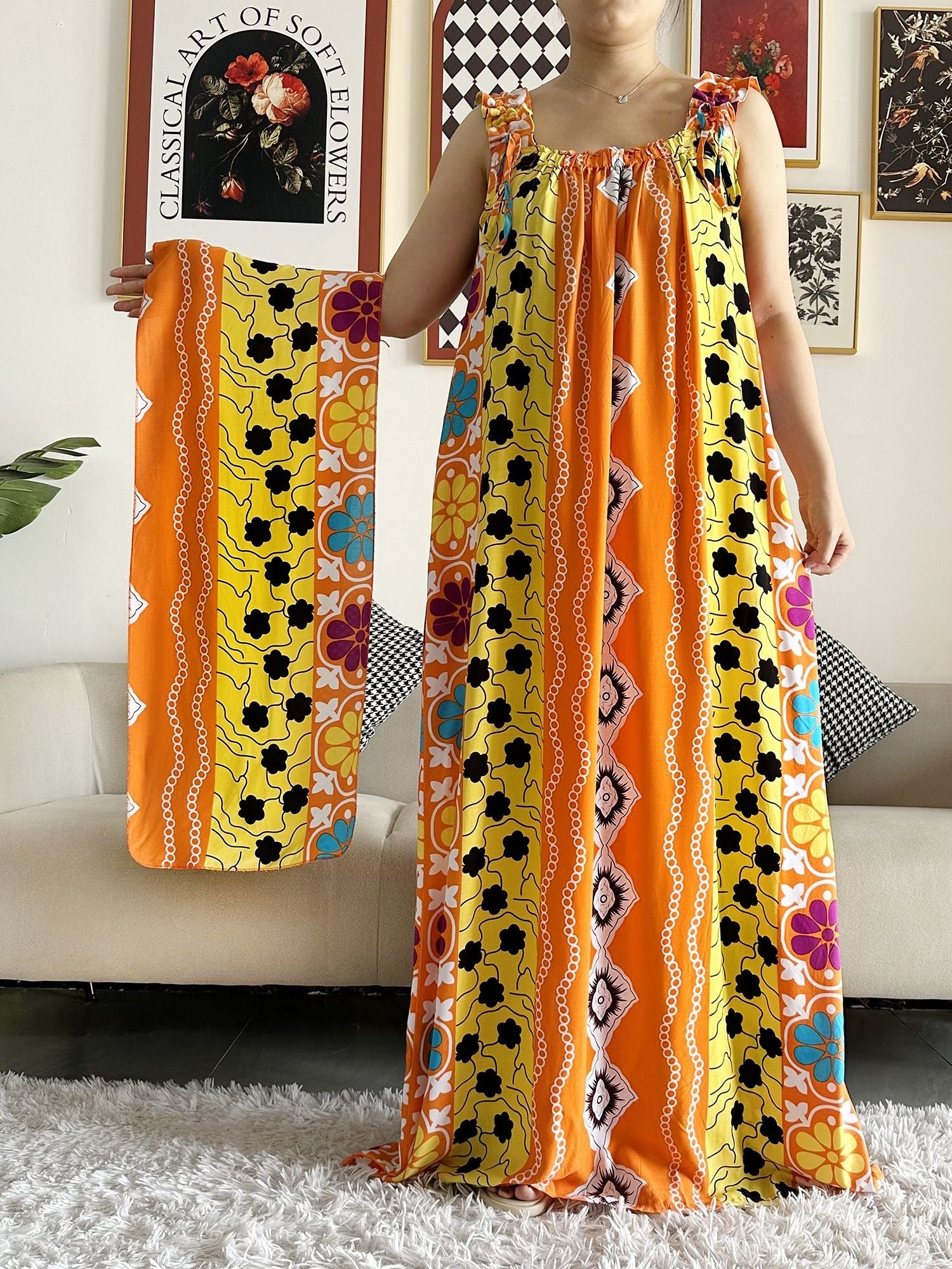 Dashiki Maxi Elegance: Sleeveless Cotton Summer Dress with Matching Scar - Flexi Africa - Flexi Africa offers Free Delivery Worldwide - Vibrant African traditional clothing showcasing bold prints and intricate designs
