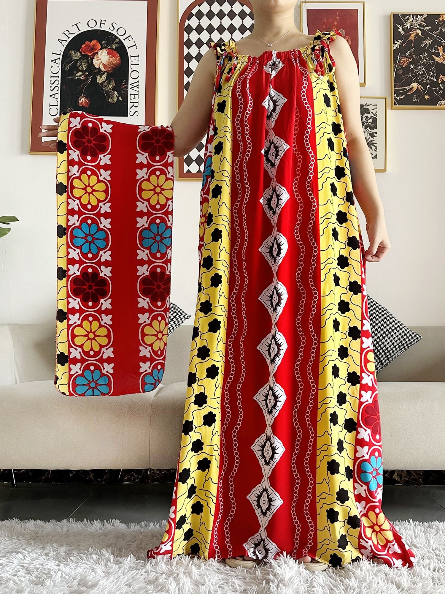 Dashiki Maxi Elegance: Sleeveless Cotton Summer Dress with Matching Scar - Flexi Africa - Free Delivery Worldwide