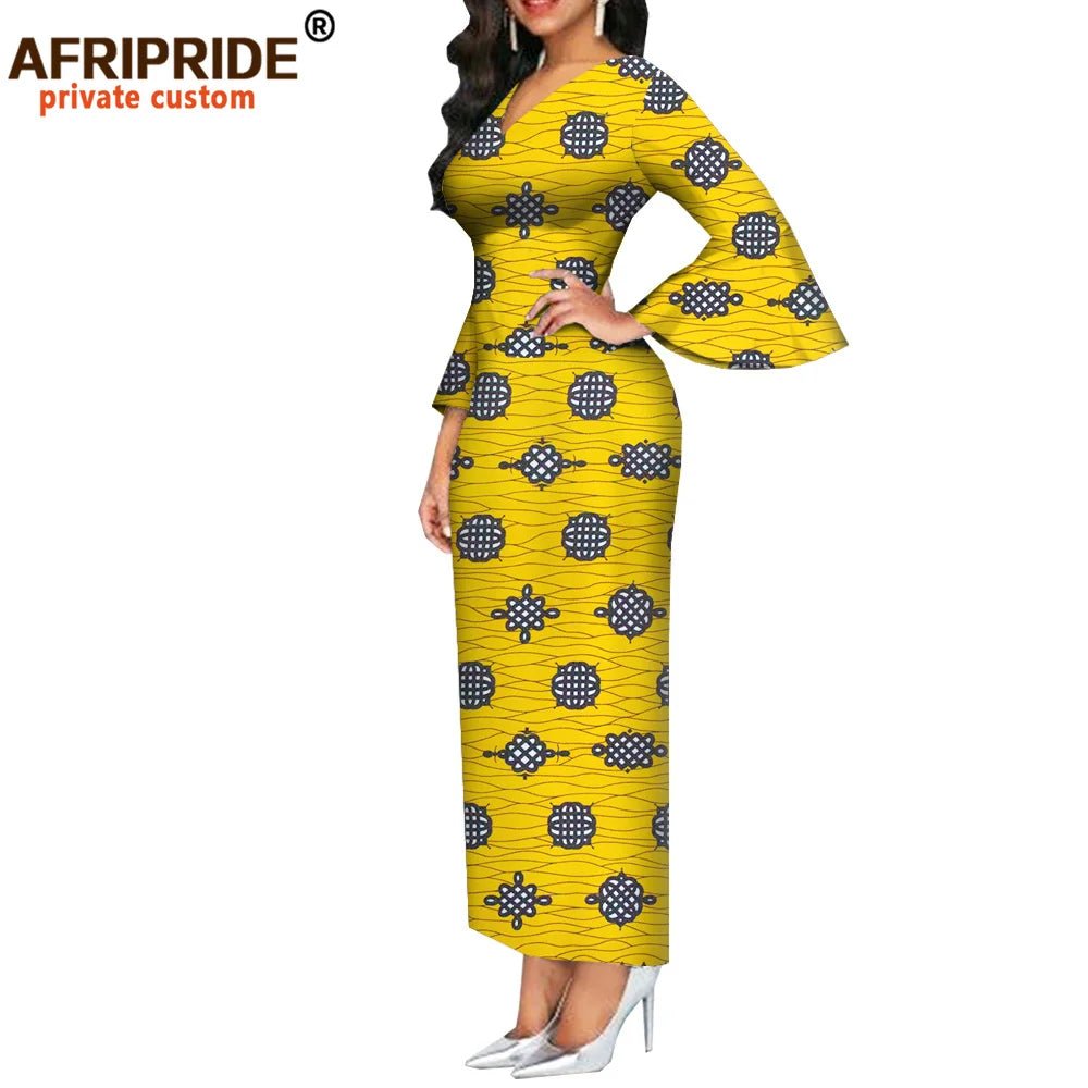 Dashiki Print Bodycon Maxi Dress – Women’s African V - Neck Flare Sleeve Party & Formal Gown - Free Delivery Worldwide only at Flexi Africa