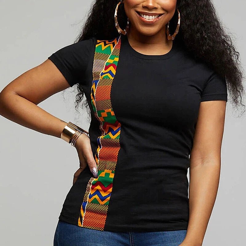 Dashiki Print Patchwork Casual African Tunic: O Neck Short Sleeve Tee Shirt for Women, Perfect for Summer Wear - Flexi Africa