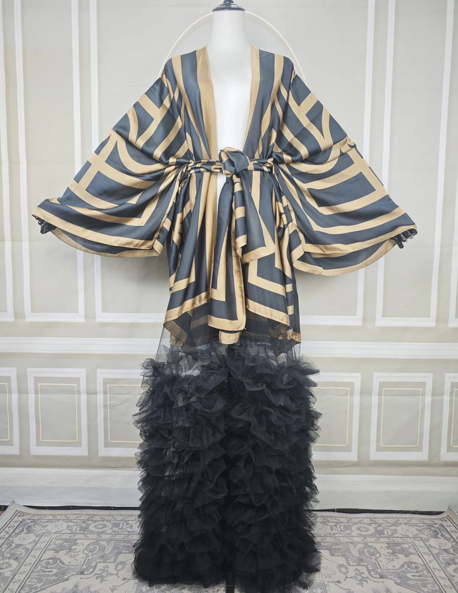 Dubai Fashion Muslim Women Summer 2025 Fashion Printed lace Hemline African Cardigans Elegant Female Silk Evening Party Kimonos - Free Delivery Worldwide only at Flexi Africa