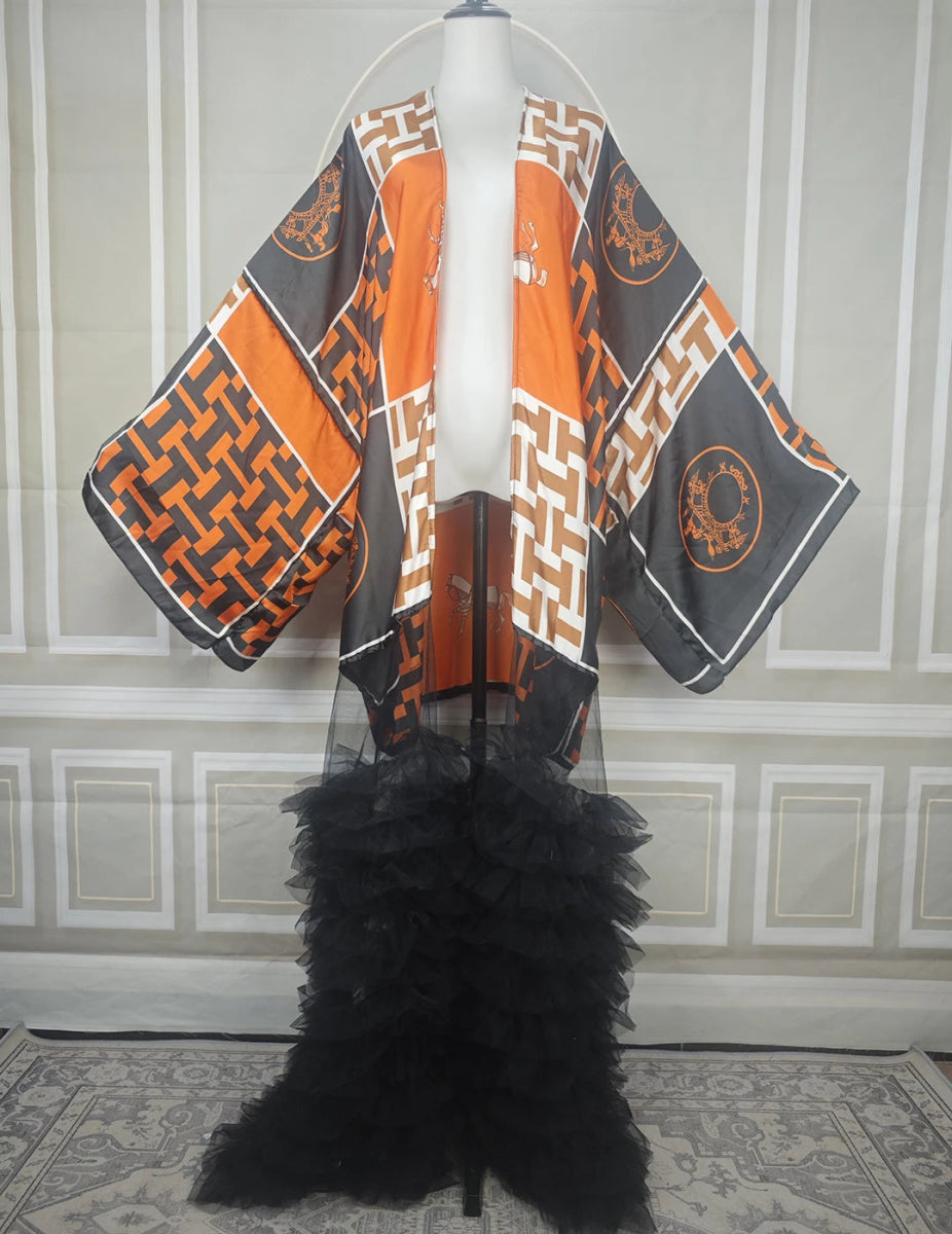 Dubai Fashion Muslim Women Summer 2025 Fashion Printed lace Hemline African Cardigans Elegant Female Silk Evening Party Kimonos - Free Delivery Worldwide only at Flexi Africa