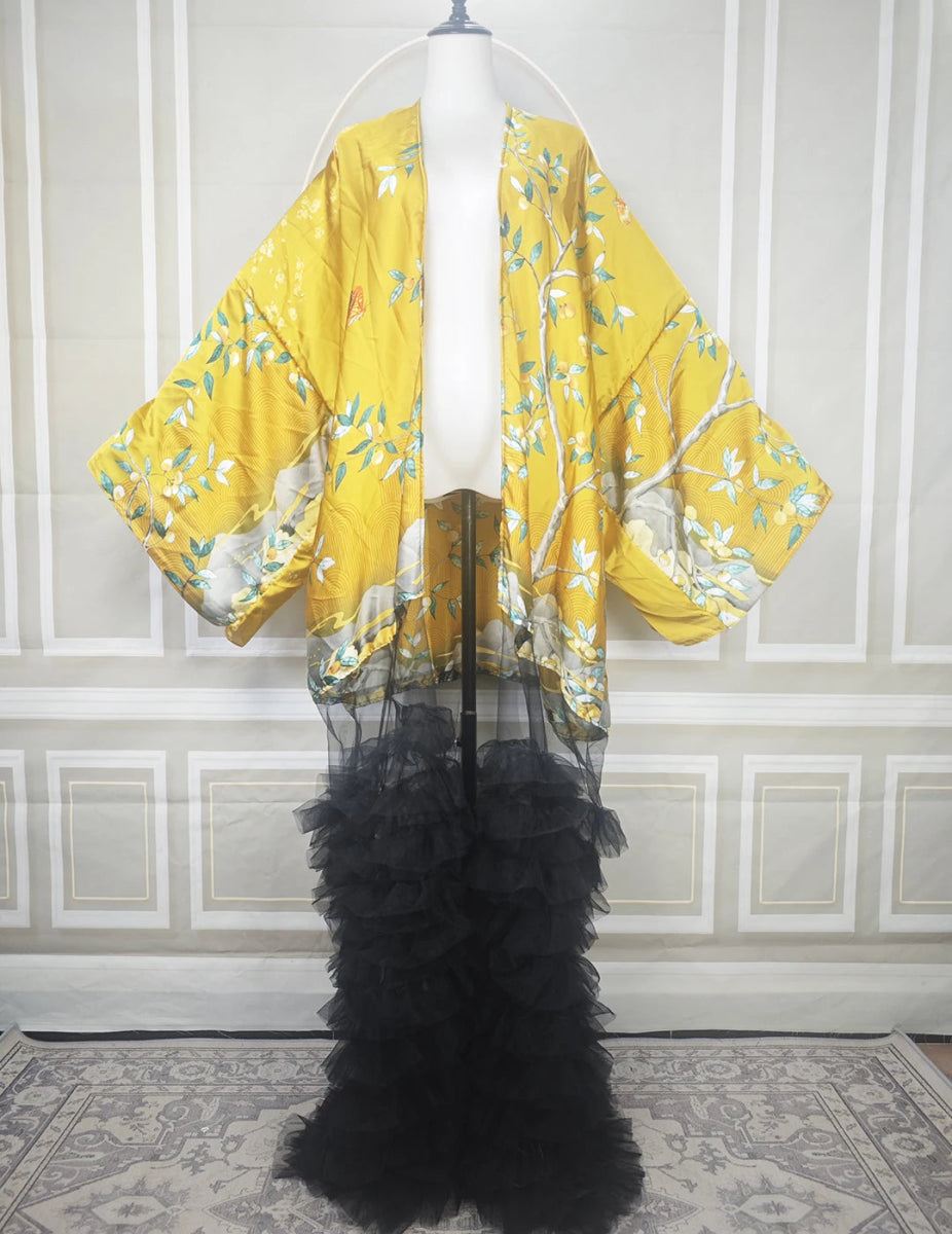 Dubai Fashion Muslim Women Summer 2025 Fashion Printed lace Hemline African Cardigans Elegant Female Silk Evening Party Kimonos - Free Delivery Worldwide only at Flexi Africa