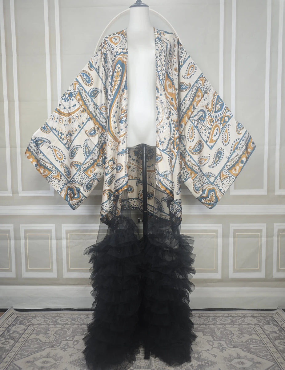 Dubai Fashion Muslim Women Summer 2025 Fashion Printed lace Hemline African Cardigans Elegant Female Silk Evening Party Kimonos - Free Delivery Worldwide only at Flexi Africa