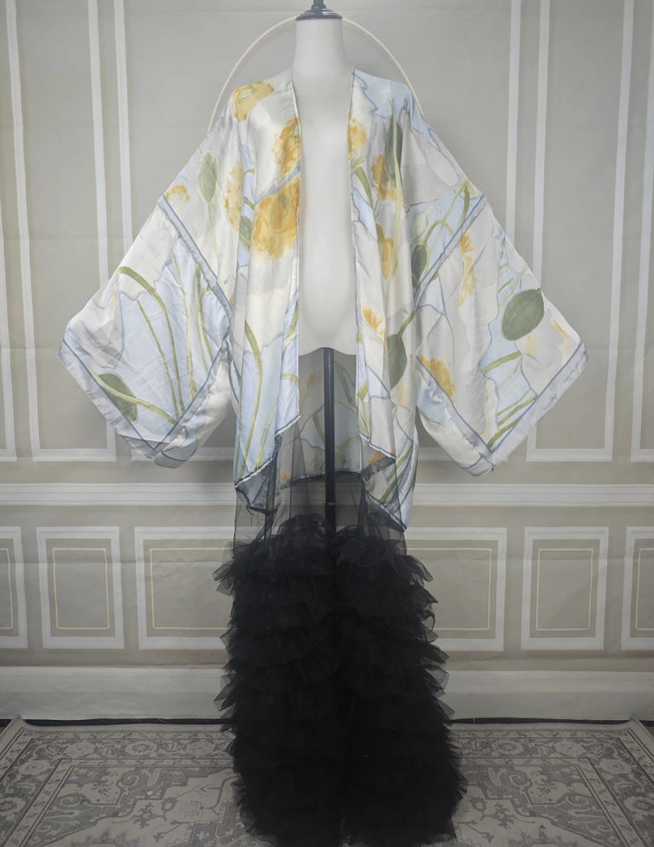 Dubai Fashion Muslim Women Summer 2025 Fashion Printed lace Hemline African Cardigans Elegant Female Silk Evening Party Kimonos - Free Delivery Worldwide only at Flexi Africa