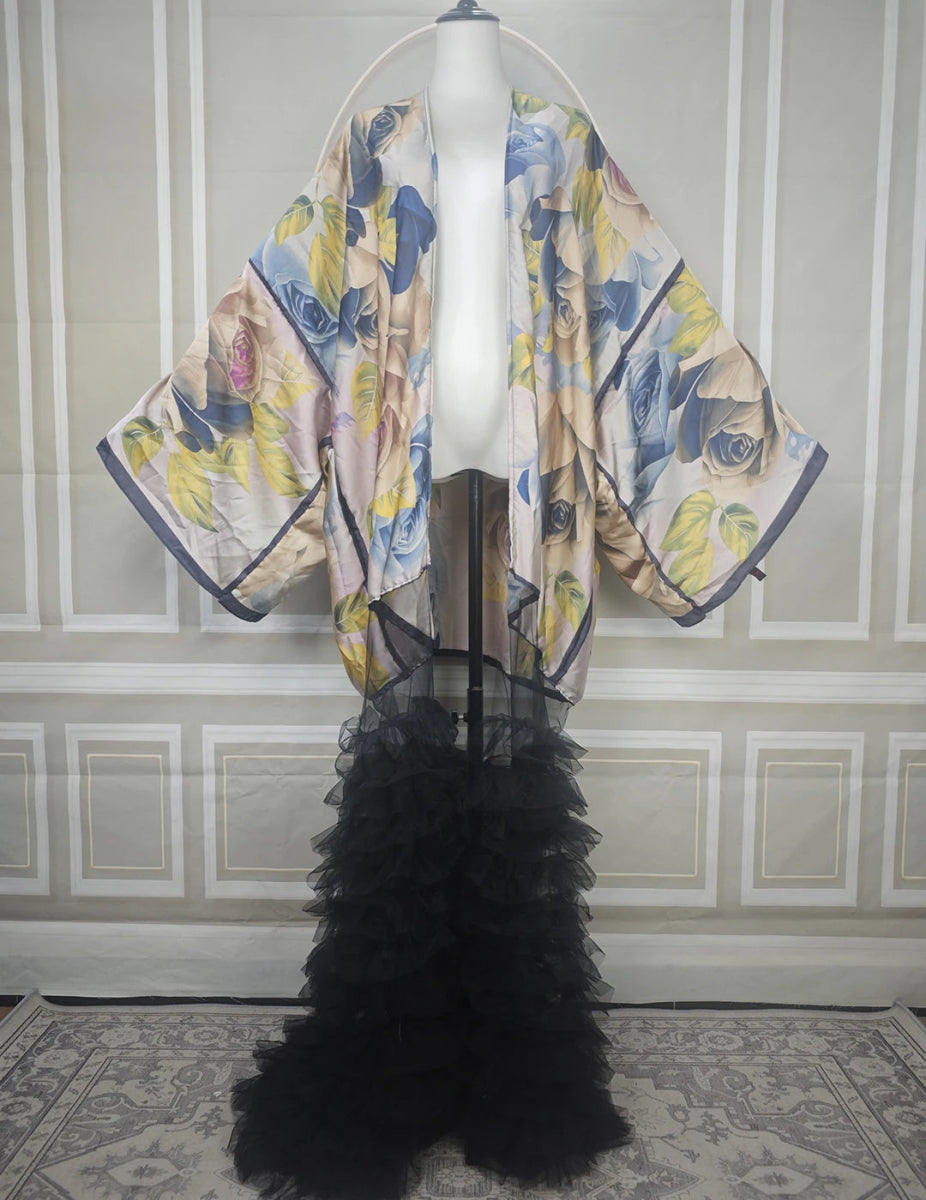 Dubai Fashion Muslim Women Summer 2025 Fashion Printed lace Hemline African Cardigans Elegant Female Silk Evening Party Kimonos - Free Delivery Worldwide only at Flexi Africa