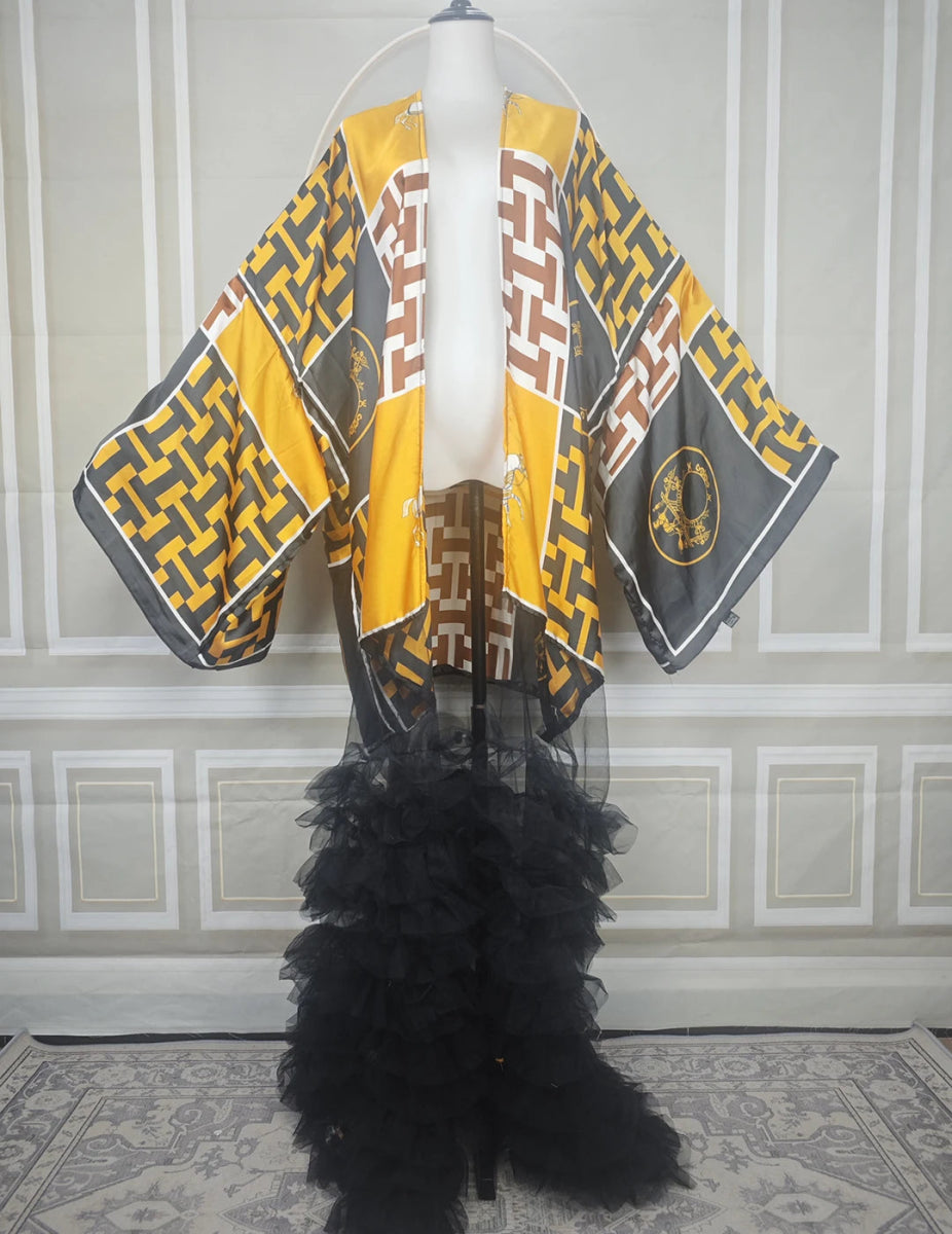 Dubai Fashion Muslim Women Summer 2025 Fashion Printed lace Hemline African Cardigans Elegant Female Silk Evening Party Kimonos - Free Delivery Worldwide only at Flexi Africa
