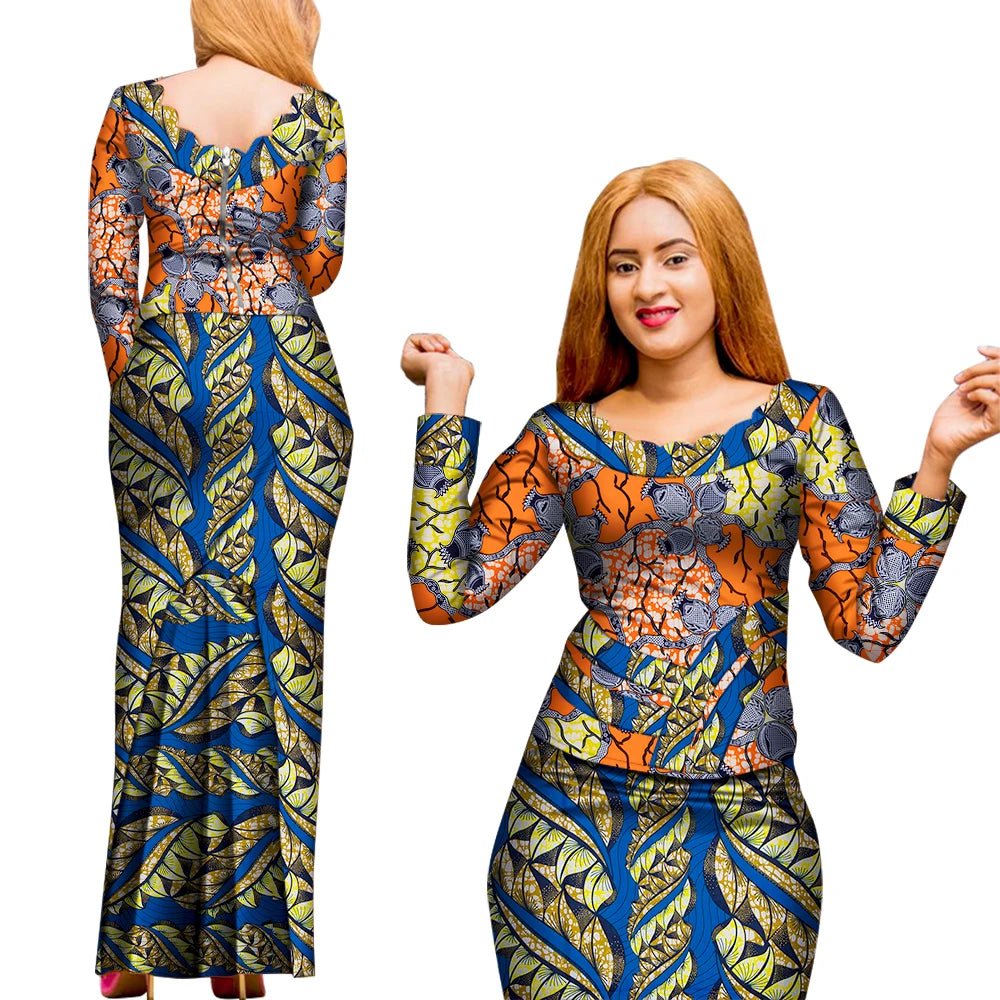 Elegant 2PC African Skirt and Top Set – Long Sleeve Blouse and Matching Maxi Skirt for Women - Free Delivery Worldwide only at Flexi Africa