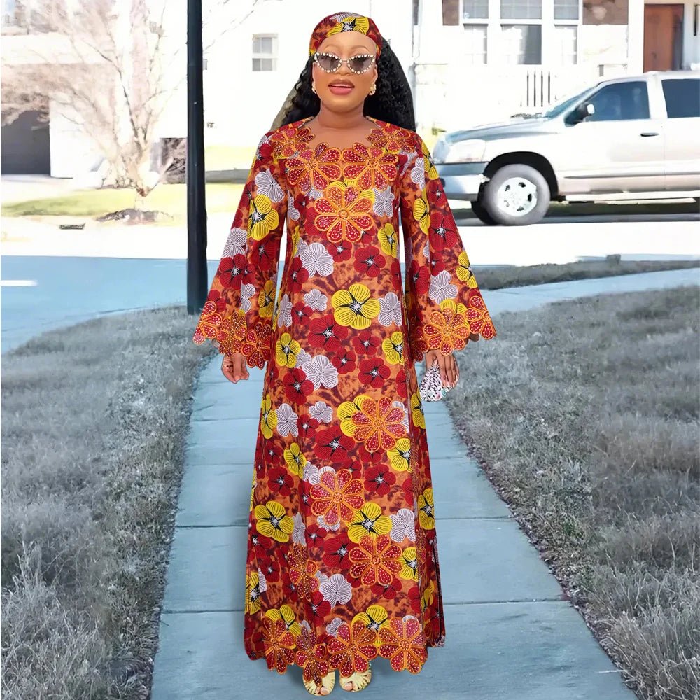Elegant African Ankara Dashiki Long Dress for Women – Bazin Riche Wedding Party Gown & Traditional Robe - Free Delivery Worldwide only at Flexi Africa