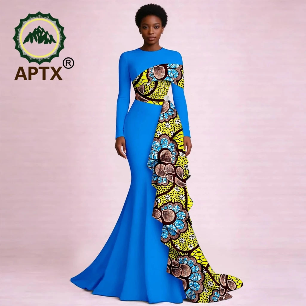 Elegant African Ankara Print Maxi Dress for Women – O-Neck Long Sleeve Patchwork Dashiki Dress with Flounced Edge - Free Delivery Worldwide only at Flexi Africa