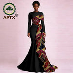 Elegant African Ankara Print Maxi Dress for Women – O-Neck Long Sleeve Patchwork Dashiki Dress with Flounced Edge - Free Delivery Worldwide only at Flexi Africa