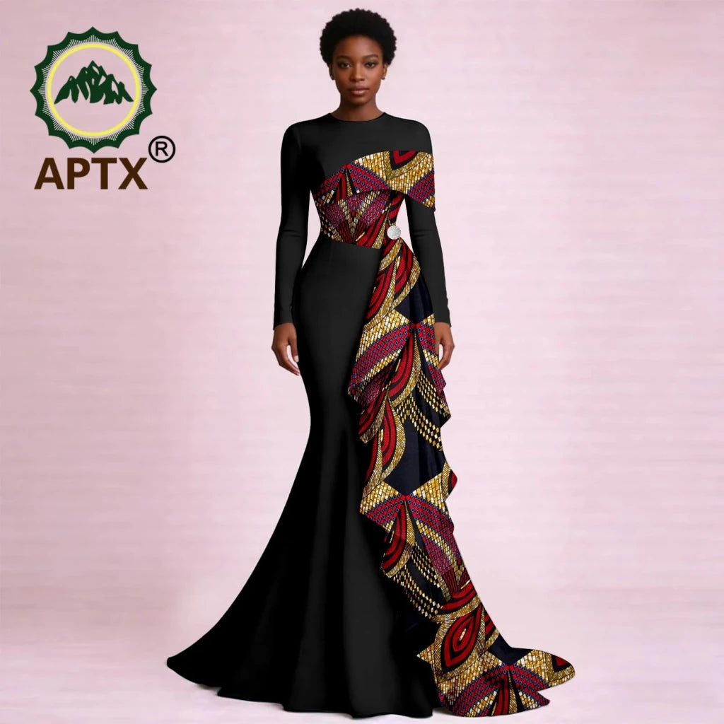 Elegant African Ankara Print Maxi Dress for Women – O-Neck Long Sleeve Patchwork Dashiki Dress with Flounced Edge - Free Delivery Worldwide only at Flexi Africa