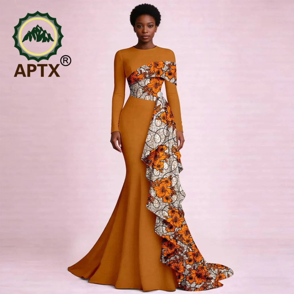 Elegant African Ankara Print Maxi Dress for Women – O-Neck Long Sleeve Patchwork Dashiki Dress with Flounced Edge - Free Delivery Worldwide only at Flexi Africa
