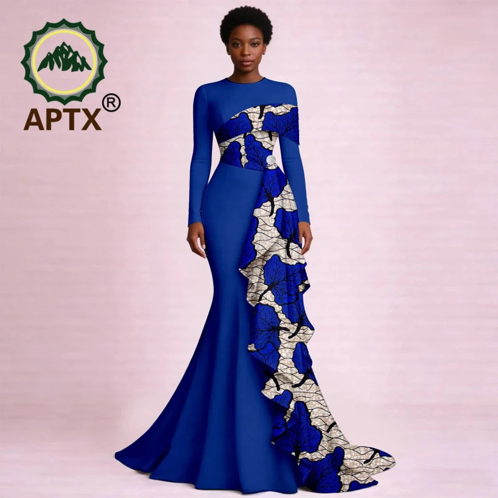 Elegant African Ankara Print Maxi Dress for Women – O-Neck Long Sleeve Patchwork Dashiki Dress with Flounced Edge - Free Delivery Worldwide only at Flexi Africa