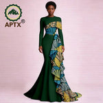 Elegant African Ankara Print Maxi Dress for Women – O-Neck Long Sleeve Patchwork Dashiki Dress with Flounced Edge - Free Delivery Worldwide only at Flexi Africa