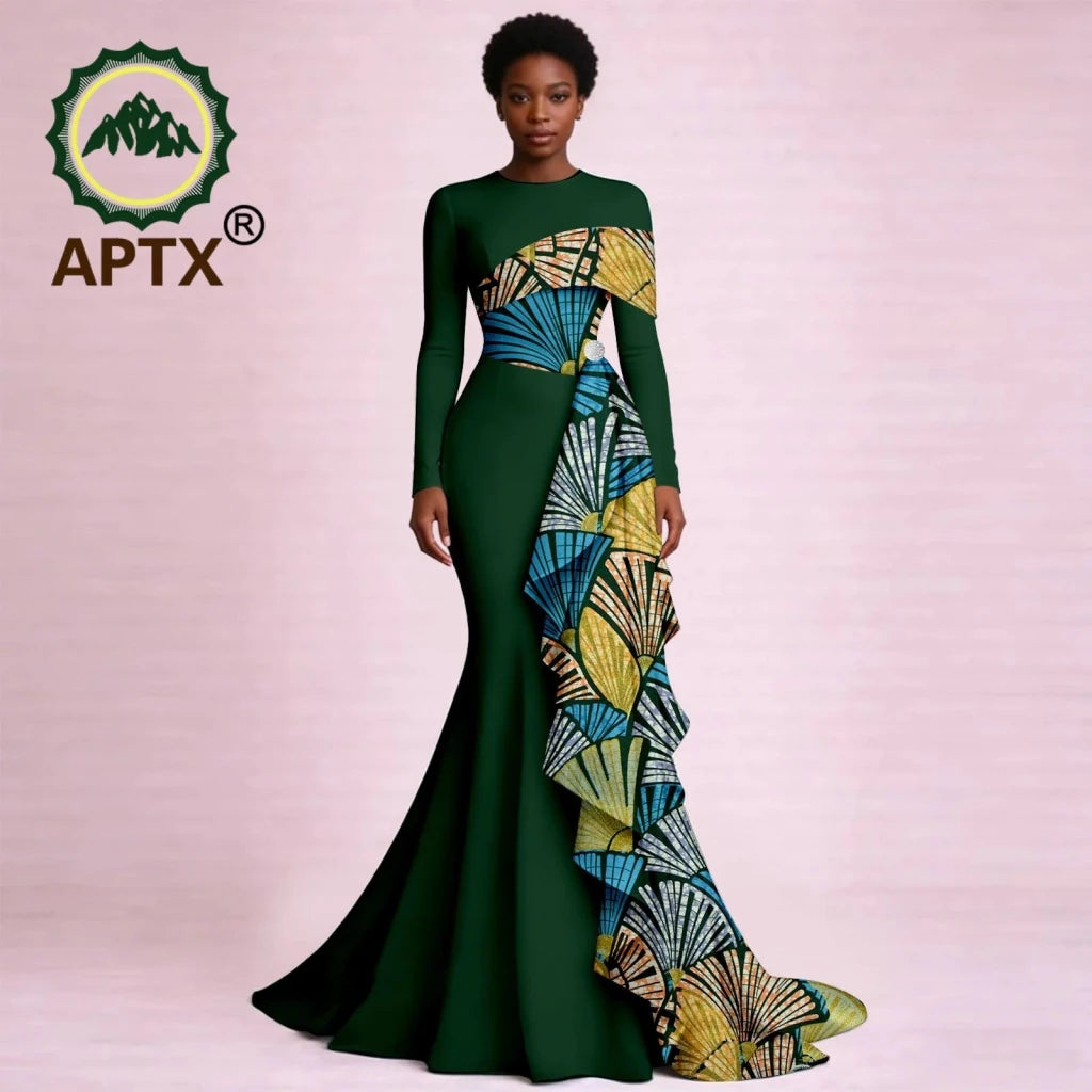 Elegant African Ankara Print Maxi Dress for Women – O-Neck Long Sleeve Patchwork Dashiki Dress with Flounced Edge - Free Delivery Worldwide only at Flexi Africa