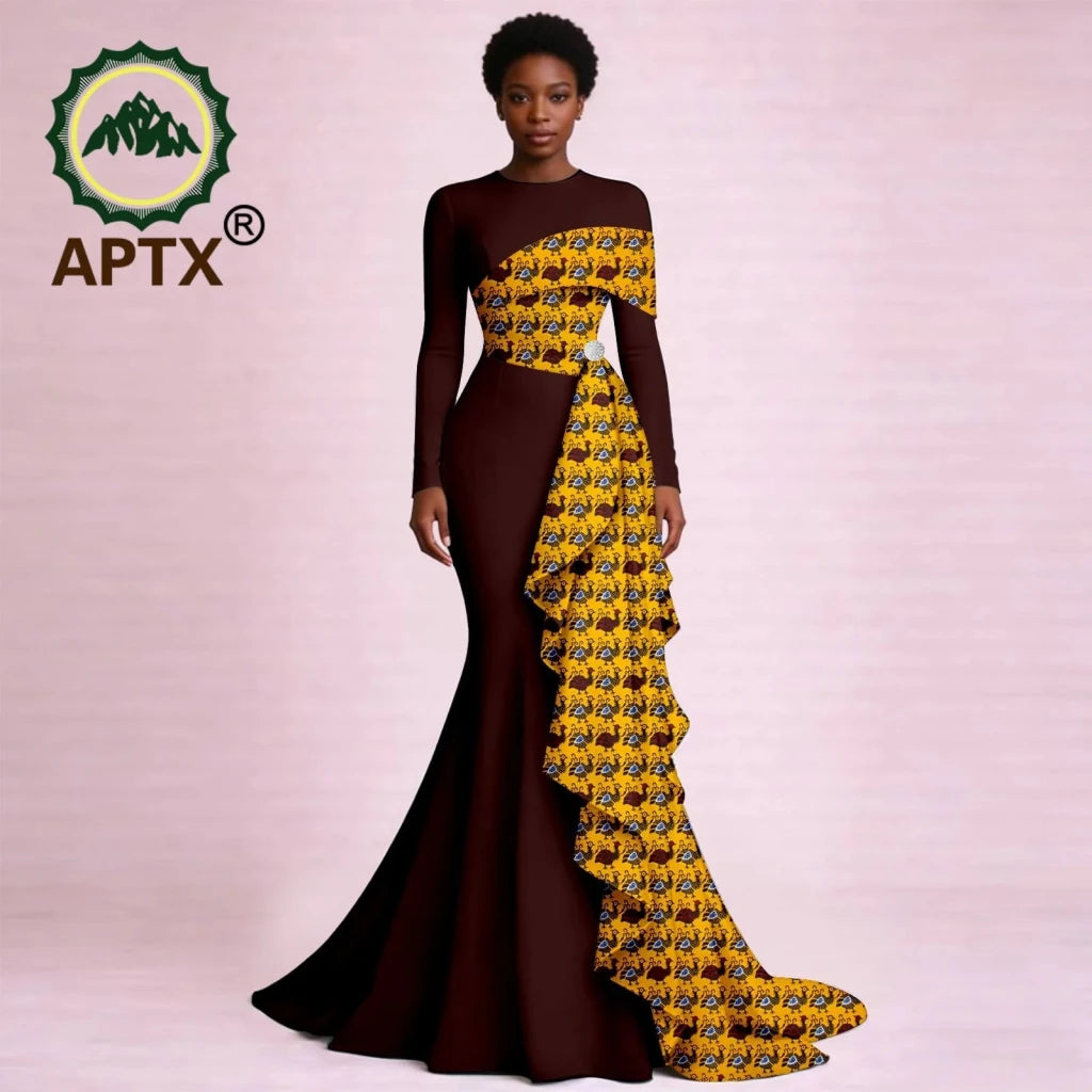 Elegant African Ankara Print Maxi Dress for Women – O-Neck Long Sleeve Patchwork Dashiki Dress with Flounced Edge - Free Delivery Worldwide only at Flexi Africa