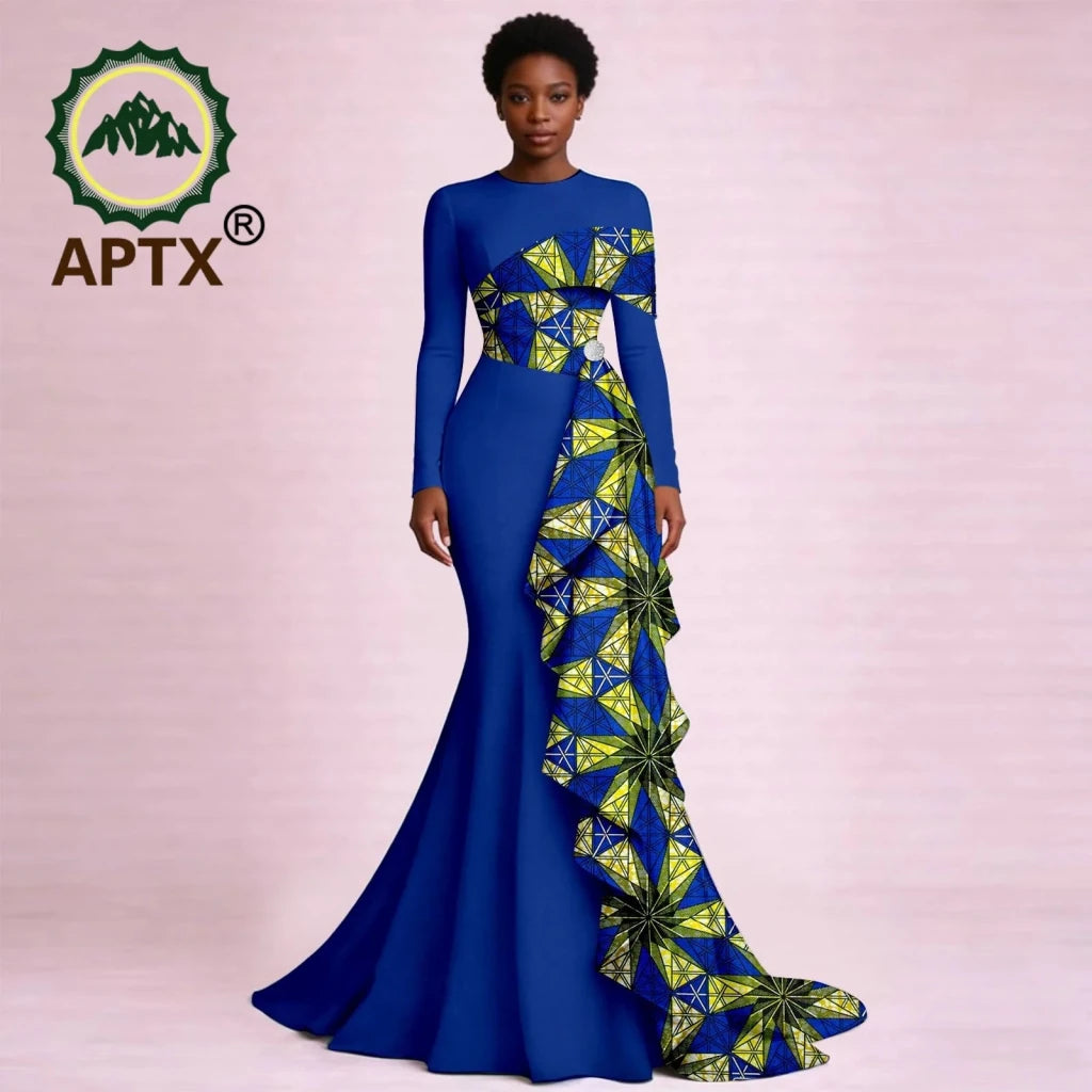Elegant African Ankara Print Maxi Dress for Women – O-Neck Long Sleeve Patchwork Dashiki Dress with Flounced Edge - Free Delivery Worldwide only at Flexi Africa