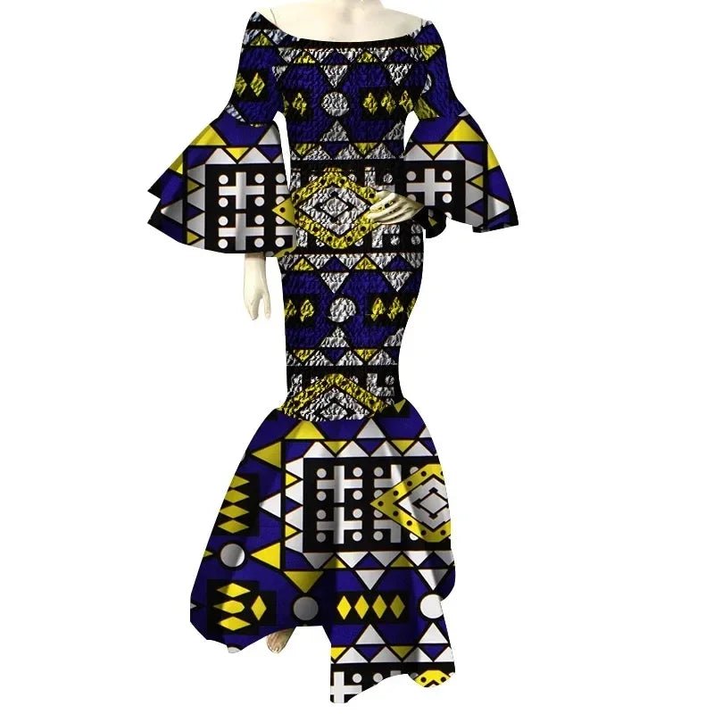 Elegant African Ankara Print Maxi Dress for Women with Ruffle Sleeves - Free Delivery Worldwide only at Flexi Africa