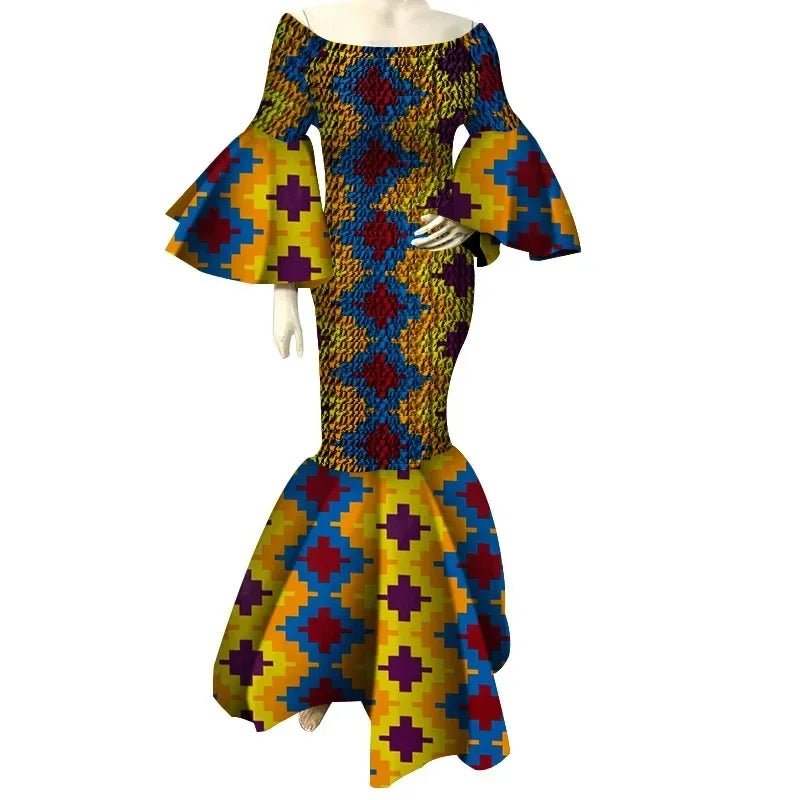 Elegant African Ankara Print Maxi Dress for Women with Ruffle Sleeves - Free Delivery Worldwide only at Flexi Africa