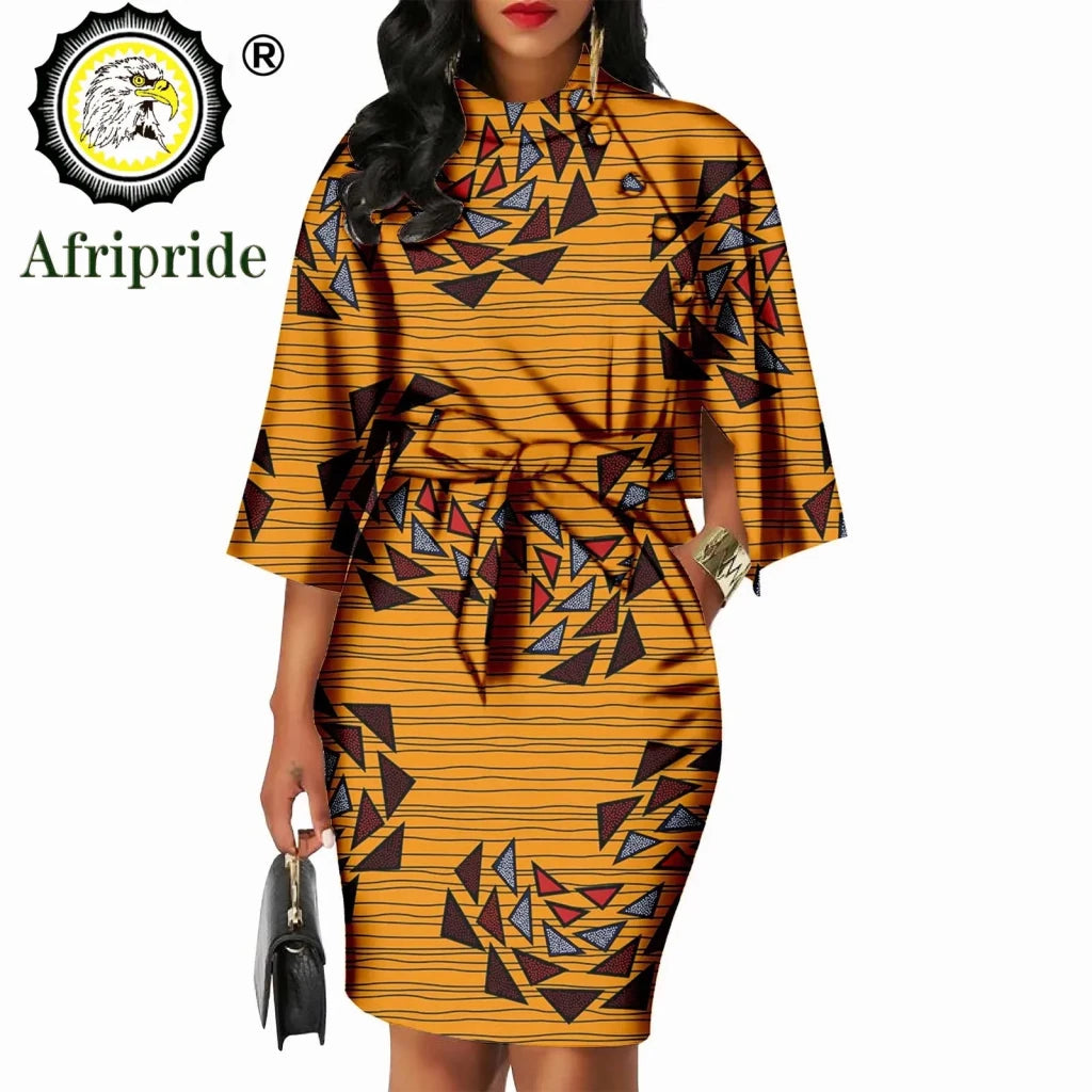 Elegant African Ankara Wax Batik Dress for Women – Bazin Riche Cotton O-Neck Bow Design - Free Delivery Worldwide only at Flexi Africa