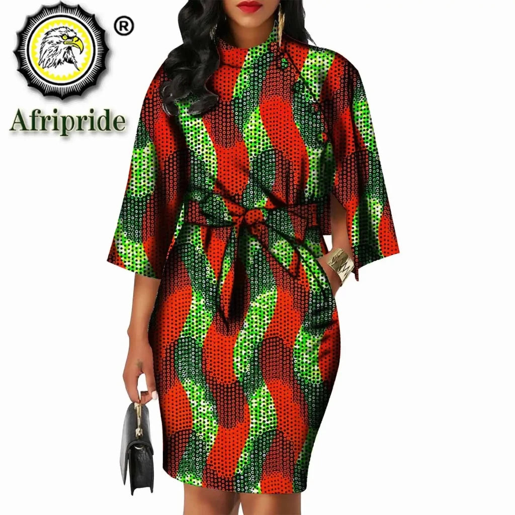Elegant African Ankara Wax Batik Dress for Women – Bazin Riche Cotton O-Neck Bow Design - Free Delivery Worldwide only at Flexi Africa