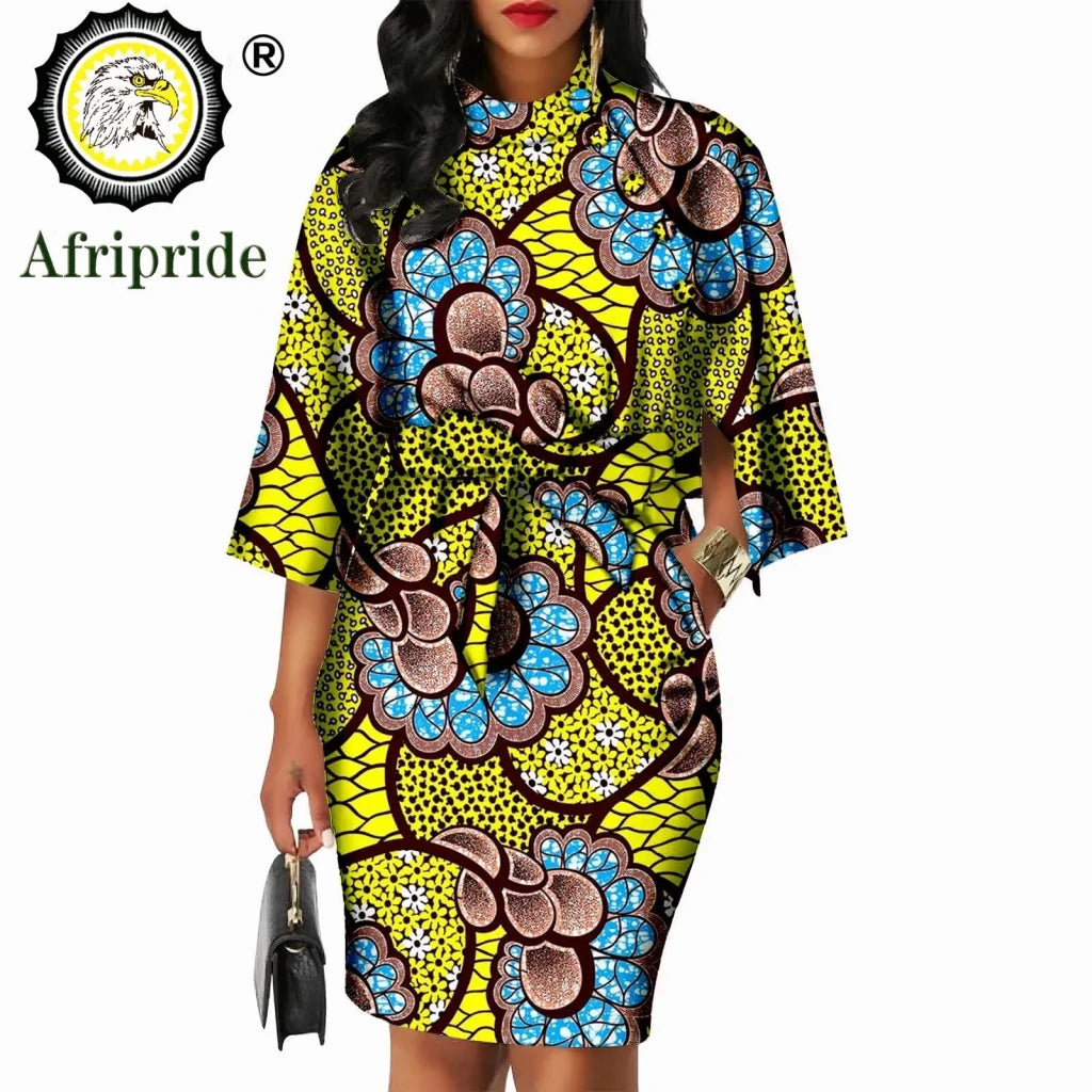 Elegant African Ankara Wax Batik Dress for Women – Bazin Riche Cotton O-Neck Bow Design - Free Delivery Worldwide only at Flexi Africa