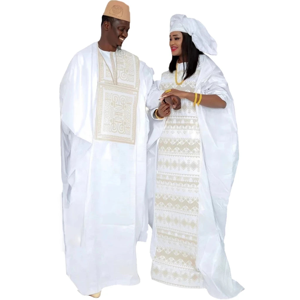 Elegant African Bazin Couple Attire – Length Dresses with Matching Headscarf - Free Delivery Worldwide only at Flexi Africa