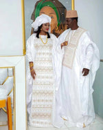 Elegant African Bazin Couple Attire – Length Dresses with Matching Headscarf - Free Delivery Worldwide only at Flexi Africa