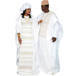 Elegant African Bazin Couple Attire – Length Dresses with Matching Headscarf - Free Delivery Worldwide only at Flexi Africa