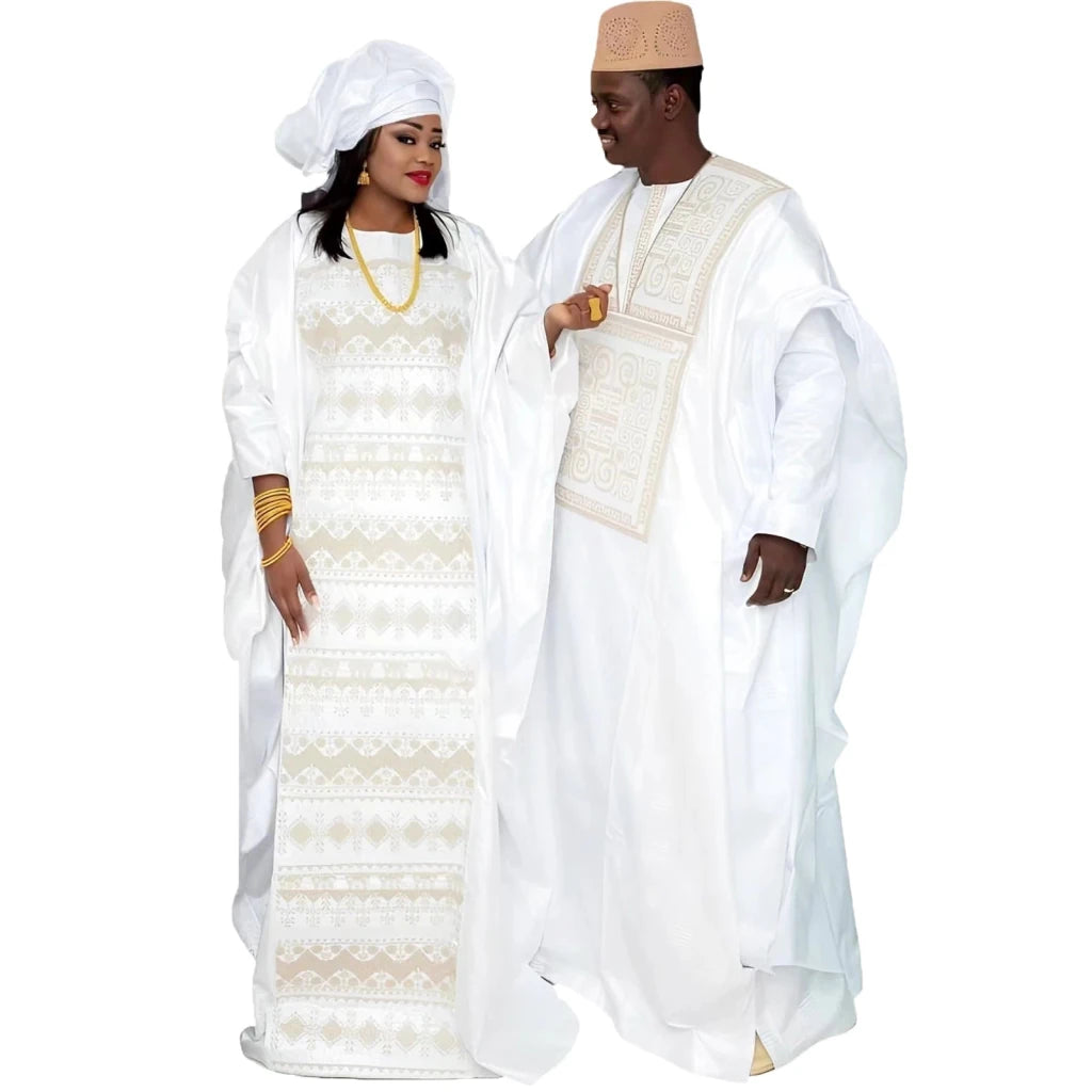 Elegant African Bazin Couple Attire – Length Dresses with Matching Headscarf - Free Delivery Worldwide only at Flexi Africa