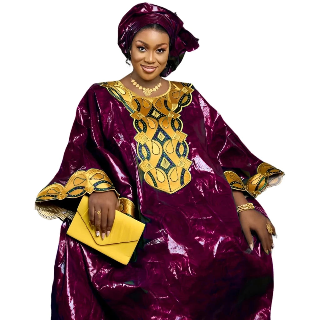 Elegant African Bazin Riche Embroidery Maxi Dress for Women