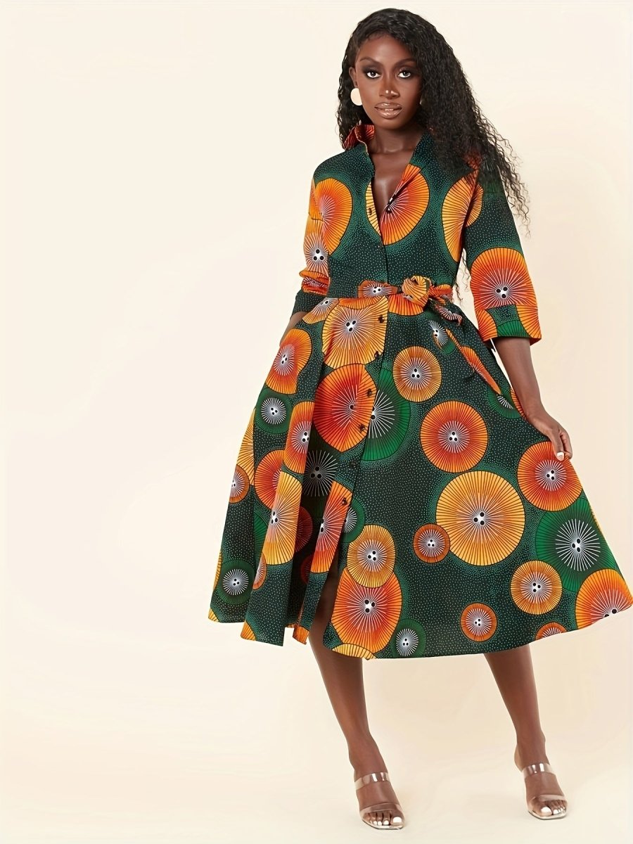 Elegant African - Inspired Geometric Print Midi Shirt Dress – V - Neck, Fitted Fall Style - Free Delivery Worldwide only at Flexi Africa