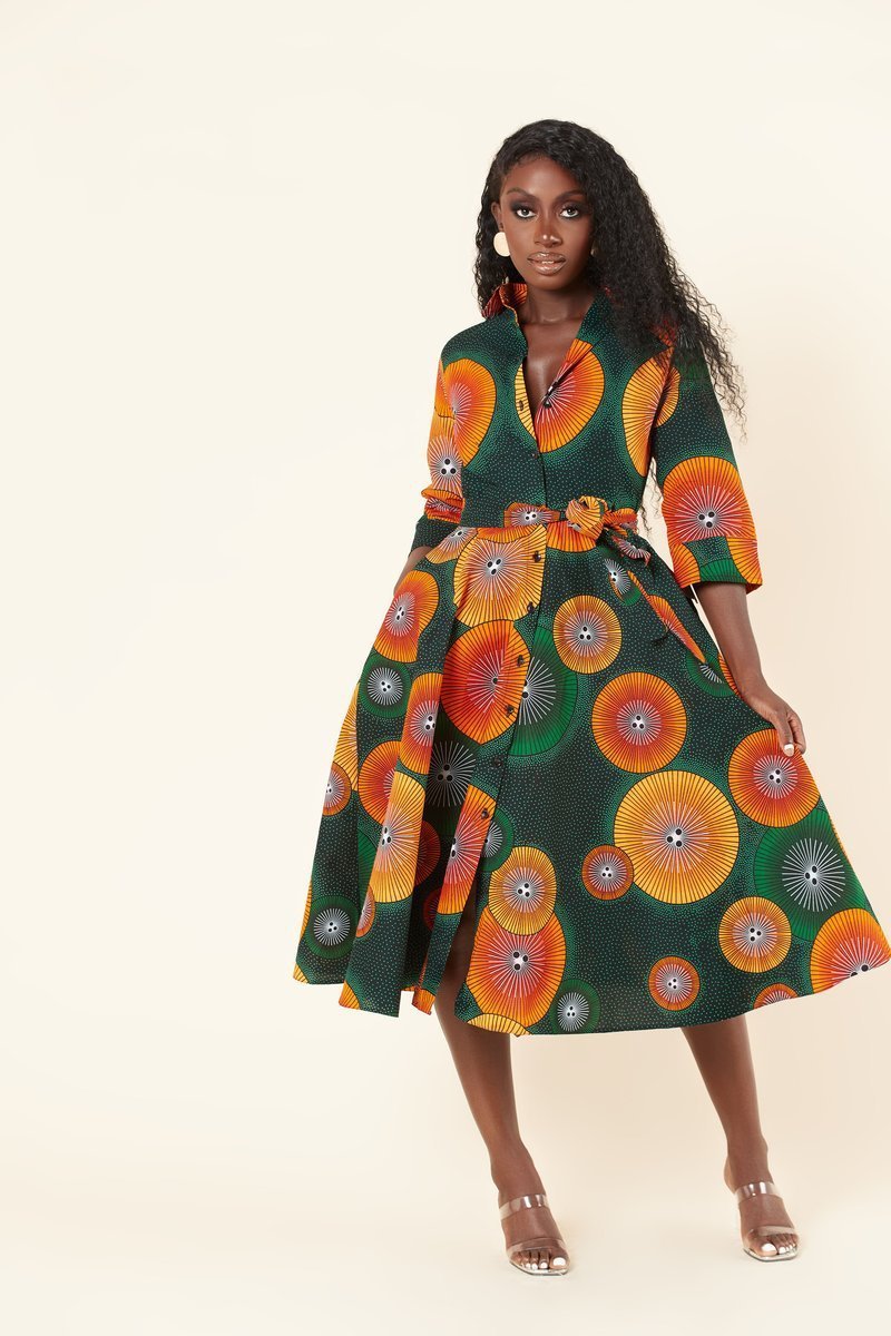 Elegant African - Inspired Geometric Print Midi Shirt Dress – V - Neck, Fitted Fall Style - Free Delivery Worldwide only at Flexi Africa