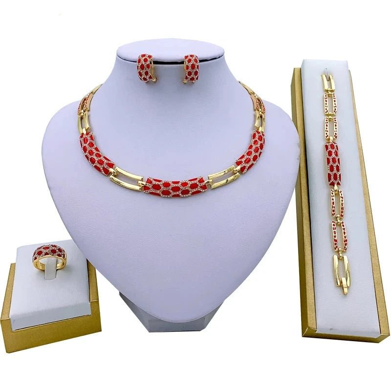 Elegant African Jewelry Sets: Classic Red Enamel Bridal Wedding Necklace, Bracelet, Earrings, and Rings - Flexi Africa - Free Delivery Worldwide only at www.flexiafrica.com