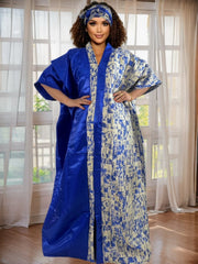 Elegant African Kaftan for Women – Satin - Finish V - Neck Robe with Gold Floral Print - Free Delivery Worldwide only at Flexi Africa