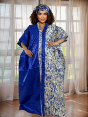 Elegant African Kaftan for Women – Satin - Finish V - Neck Robe with Gold Floral Print - Free Delivery Worldwide only at Flexi Africa
