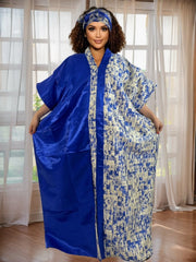 Elegant African Kaftan for Women – Satin - Finish V - Neck Robe with Gold Floral Print - Free Delivery Worldwide only at Flexi Africa